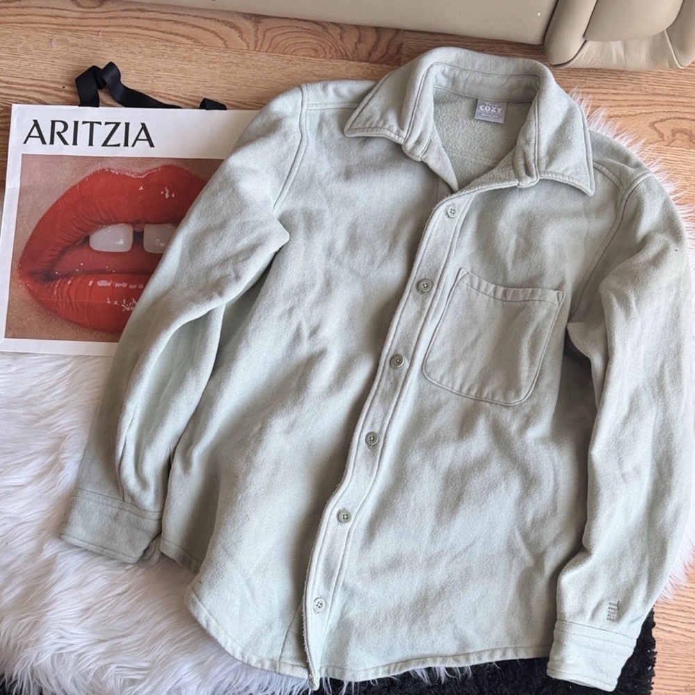Aritzia TNA Cozy Fleece Green Button-Up Shirt